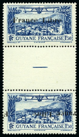Stamp of Colonies françaises » Guyane française 1943 1F50 bleu avec variété Surcharge FRANCE LIBRE