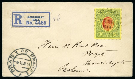 Stamp of Montserrat 1914 (Mar 28) Envelope to Bohemia with 1908-14 5s 