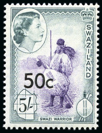 Stamp of Swaziland 1961 25c on 2s6d Type II, mint lh, plus 50c on 5s 
