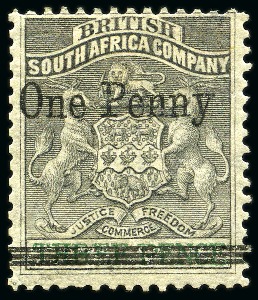 Stamp of Rhodesia 1896 1d on 3d grey-black and green, mint o.g., ver