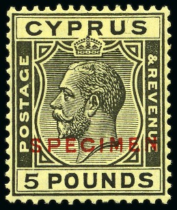 Stamp of Cyprus 1924-28 £5 Black on yellow with SPECIMEN ovpt, min