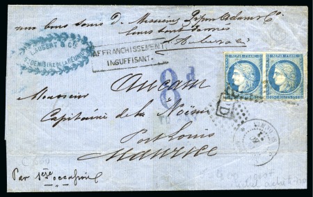 Stamp of Colonies françaises » Réunion 1872 Pli pour Maurice avec paire de 25c Cérès (déf