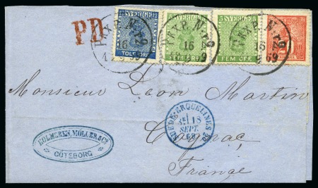 Stamp of Sweden » 1858-72 Coat of Arms Issue 12ö Blue, 5ö green (2) and Lion Type 20ö red tied 