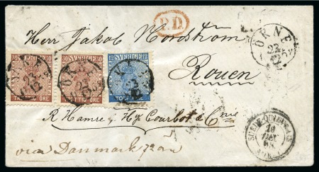 Stamp of Sweden » 1858-72 Coat of Arms Issue 30ö red-brown in pair and 12ö blue tied by ÖKNE 23