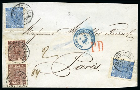 Stamp of Sweden » 1858-72 Coat of Arms Issue 30ö Dark brown in pair and two 12ö blue tied by ST