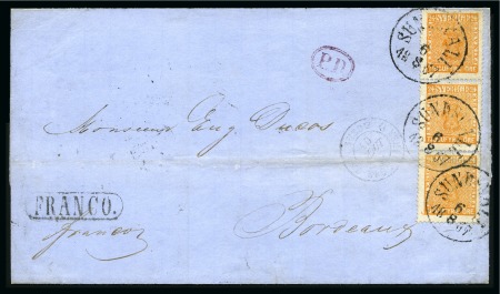 Stamp of Sweden » 1858-72 Coat of Arms Issue 24ö Reddish orange in vertical strip of thee tied 