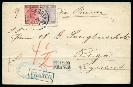 Stamp of Sweden » 1858-72 Coat of Arms Issue 9ö Blue-violet and 50ö carmine-rose tied by KARLSK