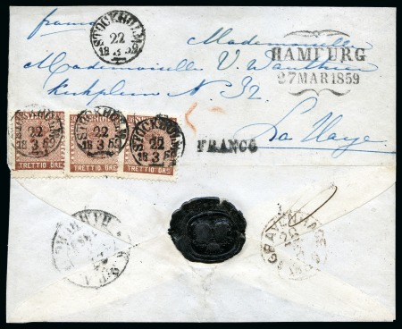 Stamp of Sweden » 1858-72 Coat of Arms Issue 30ö Red-brown, three examples tied by clear STOCKH