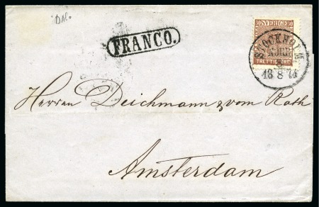 Stamp of Sweden » 1858-72 Coat of Arms Issue 30ö Brown tied by neat 8/8 1874 cds on folded cove