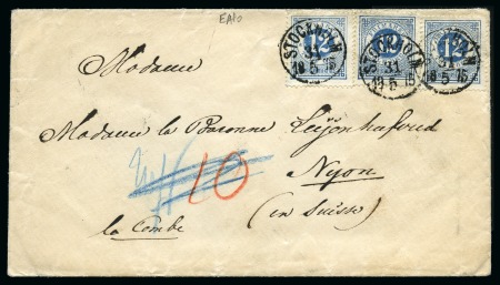 Stamp of Sweden » 1872-78 Ring Types 12ö Blue, perf. 14, three singles tied by STOCKHOL