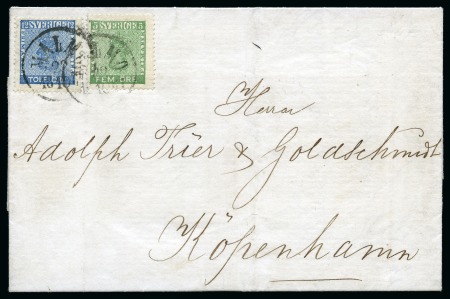 Stamp of Sweden » 1858-72 Coat of Arms Issue 12ö Dark blue and 5ö green tied by MALMÖ 22/10 186