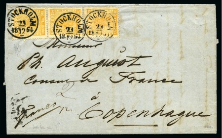 Stamp of Sweden » 1858-72 Coat of Arms Issue 24ö Orange, vertical strip of three tied by STOCKH