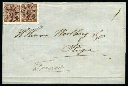 Stamp of Sweden » 1858-72 Coat of Arms Issue 30ö Dark red-brown, two examples tied by GEFLE 31/