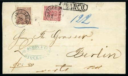 Stamp of Sweden » 1858-72 Coat of Arms Issue 50ö Carmine-rose and 30ö brown tied by STOCKHOLM 2