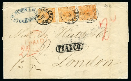 Stamp of Sweden » 1858-72 Coat of Arms Issue 24ö Orange, strip of three cancelled by STOCKHOLM 