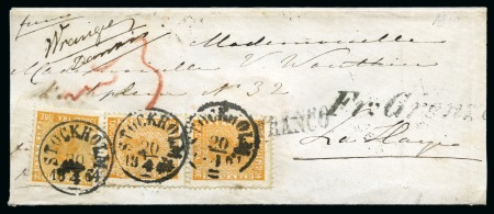 Stamp of Sweden » 1858-72 Coat of Arms Issue 24ö Orange, pair and single tied by STOCKHOLM 20/4