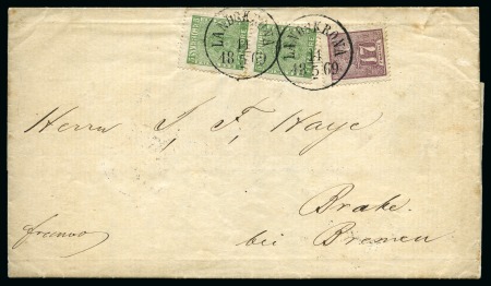 Stamp of Sweden » 1858-72 Coat of Arms Issue 5ö Green in pair and Lion-type 17ö Lilac tied by L