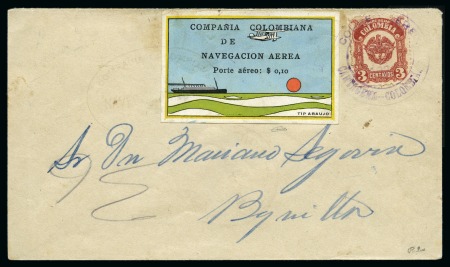 Stamp of Colombia 1920 COMPAÑIA COLOMBIANA DE NAVEGACION AEREA 10c y