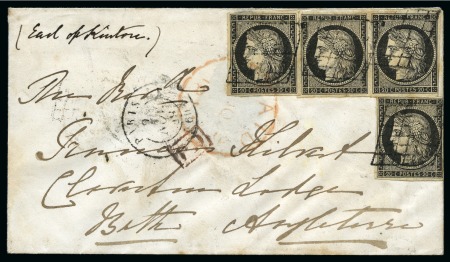 Stamp of France 1849 20c noir x4 (dont une paire) obl. grille sur