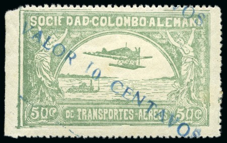 Stamp of Colombia 1920-22 SCADTA "VALOR 10 CENTS" on 50c green, sign