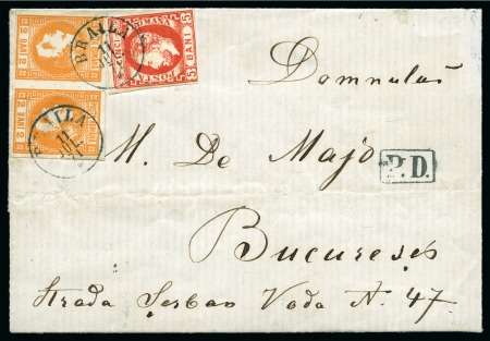 Stamp of Romania 1868-70 Prince Carol Issue: 2b orange pair and 187