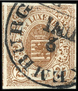 Stamp of Luxembourg 1859-1863 25c brown, large margins with neighbour at