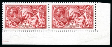 Stamp of Great Britain » King George V » 1913-19 Seahorse Issues 1915 De La Rue Seahorse 5s bright carmine mint nh lower right corner marginal pair