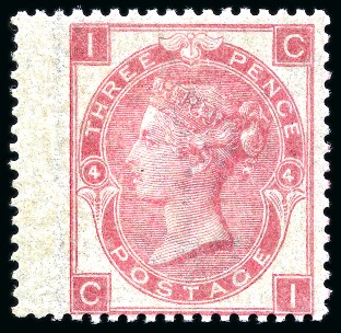 Stamp of Great Britain » 1855-1900 Surface Printed » 1867-80 Large Uncoloured Corner Letters, Wmk Spray of Rose 1867-80 Wmk Spray 3d rose pl.4 mint nh left wing marginal