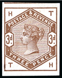 Stamp of Great Britain » 1855-1900 Surface Printed » 1883-84 Lilac & Green Issue 1883-84 Lilac & Green issue 3d colour trial in brown on white watermarked paper, imperf.