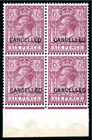 Stamp of Great Britain » King George V » 1912-24 Profile Head Issues 1912-24 Wmk Royal Cypher 6d reddish-purple with "CANCELLED" overprint (type 24) in mint nh lower marginal block of four