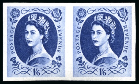 Stamp of Great Britain » Queen Elizabeth II 1955-58 Wildings 1s6d grey blue, wmk. St Edward's Crown, mint nh imperforate IMPRIMATUR pair from the National Postal Museum archives
