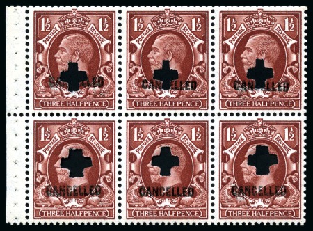 Stamp of Great Britain » King George V » 1924-36 Issues 1934-36 Photogravure 1/2d, 1d and 1 1/2d set of three mint nh booklet panes (small format, upright wmk), punched and overprinted "CANCELLED" (type 33p)