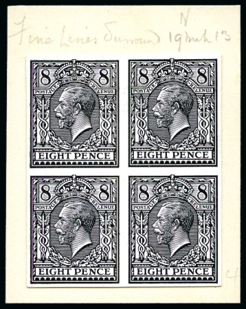 Stamp of Great Britain » King George V » 1912-24 Profile Head Issues 1912 8d Trials of Eve's Pillar Design imperf. block of four printed in black on white glazed card