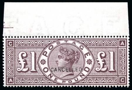 Stamp of Great Britain » 1855-1900 Surface Printed » 1883-84 & 1888 High Values 1884 Wmk Crowns £1 brown-lilac mint nh top marginal with "CANCELLED" type 14 overprint from the Inland Revenue colour standard sheet
