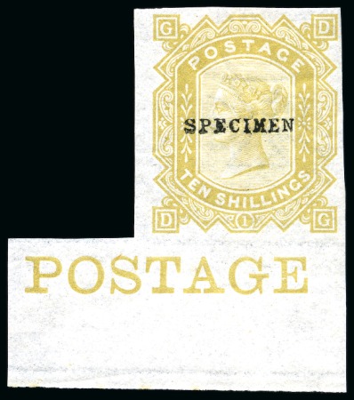 Stamp of Great Britain » 1855-1900 Surface Printed » 1867-83 High Values 1867-83 10s Imperforate colour trial in bistre with "SPECIMEN" type 9 overprint