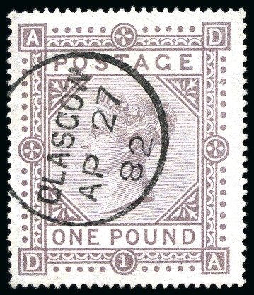 Stamp of Great Britain » 1855-1900 Surface Printed » 1867-83 High Values 1867-83 Wmk MC £1 brown-lilac pl.1 with superb Glasgow cds