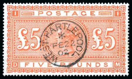 Stamp of Great Britain » 1855-1900 Surface Printed » 1867-83 High Values 1867-83 £5 Orange on white paper, wmk Anchor, with crisp West Hartlepool cds