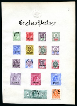 Stamp of Great Britain » King Edward VII » 1902-10 De La Rue Issues 1902-09 1/2d to £1 with SPECIMEN overprints affixed to Inland Revenue presentation album page