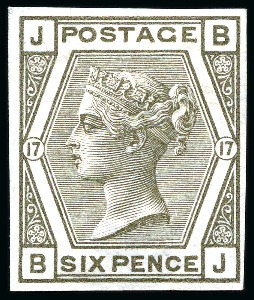 Stamp of Great Britain » 1855-1900 Surface Printed » 1873-80 Large Coloured Corner Letters 1873-80 6d Grey pl.17 imperforate imprimatur, mint og