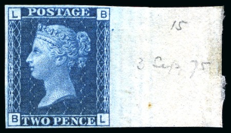 Stamp of Great Britain » 1854-70 Perforated Line Engraved 1875 2d Blue pl.15 BL imperf. IMPRIMATUR, right marginal
