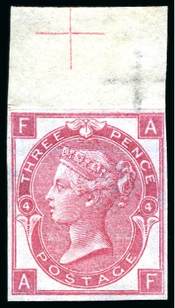 Stamp of Great Britain » 1855-1900 Surface Printed » 1865-67 Large Uncoloured Corner Letters, Wmk Large Garter & Emblems 1865-67 Wmk Emblems 3d rose pl.4 imperforate imprimatur