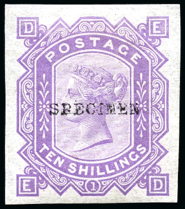 Stamp of Great Britain » 1855-1900 Surface Printed » 1867-83 High Values 1867-83 10s Imperforate colour trial in violet with SPECIMEN type 9 overprint