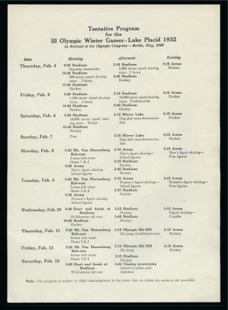Stamp of Olympics » 1932 Lake Placid 1932 Lake Placid: "Tentative Programme for the III Olympic Winter Games - Lake Placid 1932"