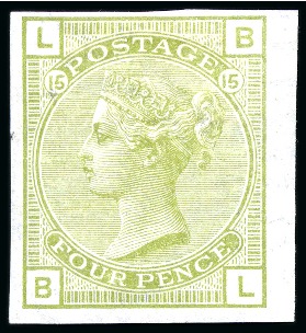 Stamp of Great Britain » 1855-1900 Surface Printed » 1873-80 Large Coloured Corner Letters 1873-80 4d Sage Green pl.15 imperforate imprimatur