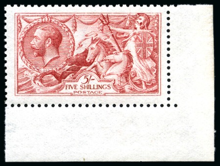 Stamp of Great Britain » King George V » 1913-19 Seahorse Issues 1915 De La Rue 5s pale carmine (worn plate) Seahorse mint nh lower right hand corner marginal example