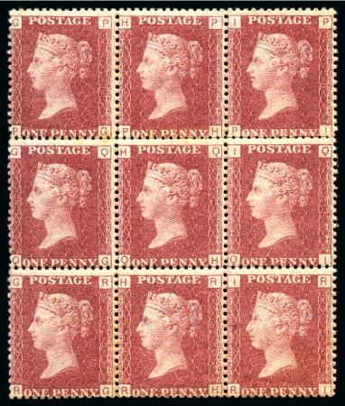 Stamp of Great Britain » 1854-70 Perforated Line Engraved 1869 1d Rose-Red pl.129 PG/RI mint og block of 9