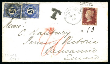 Stamp of Great Britain » 1854-1900 Postal History of the Perforated Line Engraved and Surface Printed Issues 1878 Insufficiently franked cover from London to Lausanne/Switzerland