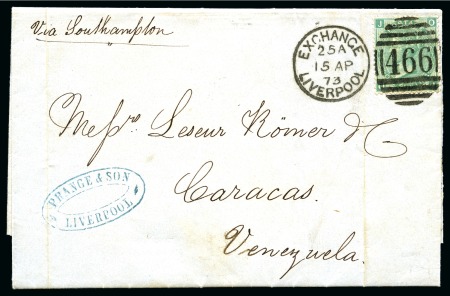 Stamp of Great Britain » 1854-1900 Postal History of the Perforated Line Engraved and Surface Printed Issues 1873 (Apr 15) Entire from Liverpool to VENEZUELA