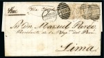 Stamp of Great Britain » 1854-1900 Postal History of the Perforated Line Engraved and Surface Printed Issues 1872 (Nov 28) Entire from Liverpool to PERU with three 1872-73 pale buff pl.11