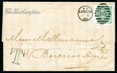 Stamp of Great Britain » 1854-1900 Postal History of the Perforated Line Engraved and Surface Printed Issues 1869 (Jul 8) Entire to ARGENTINA with 1867-80 1s green